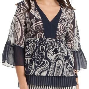 Trina Turk Ayden Navy & White Paisley Silk Blend 3/4 Sleeve V-Neck Top Size XS